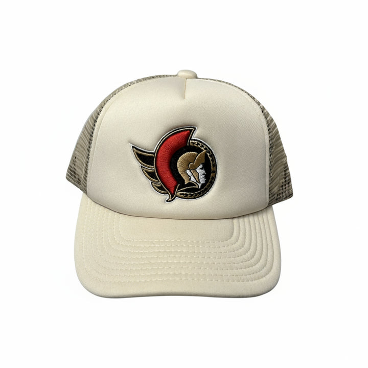 Beige trucker cap with a logo on a white background