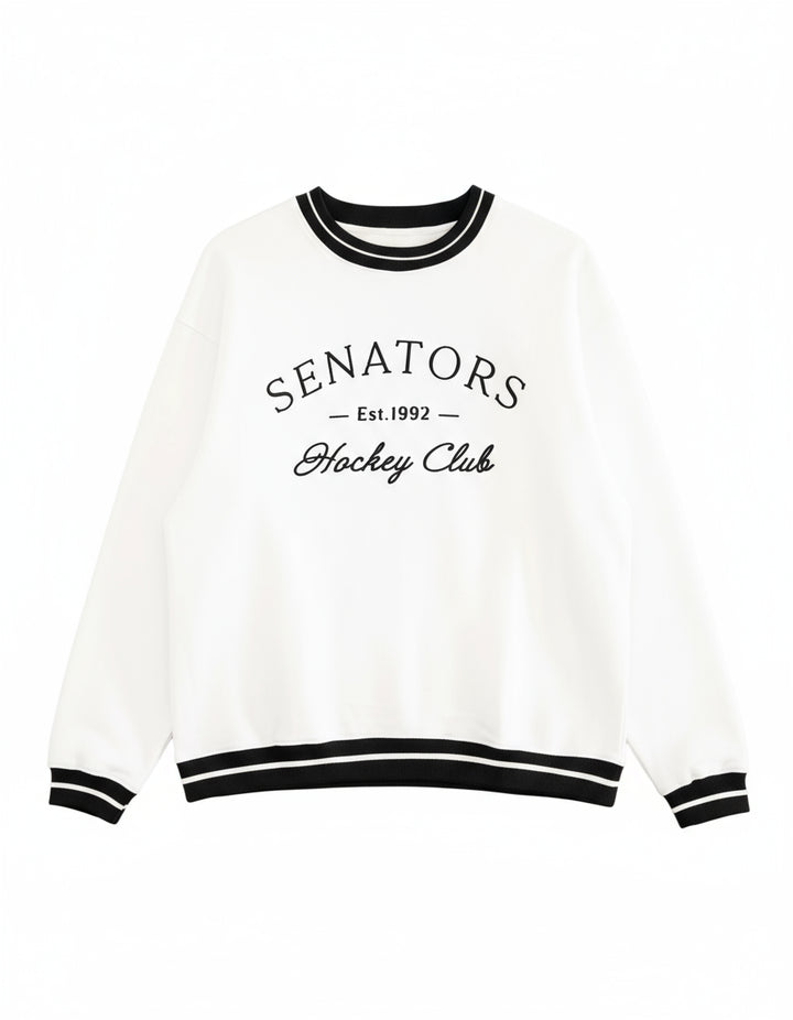 White sweatshirt with 'Senators Hockey Club' text on a white background