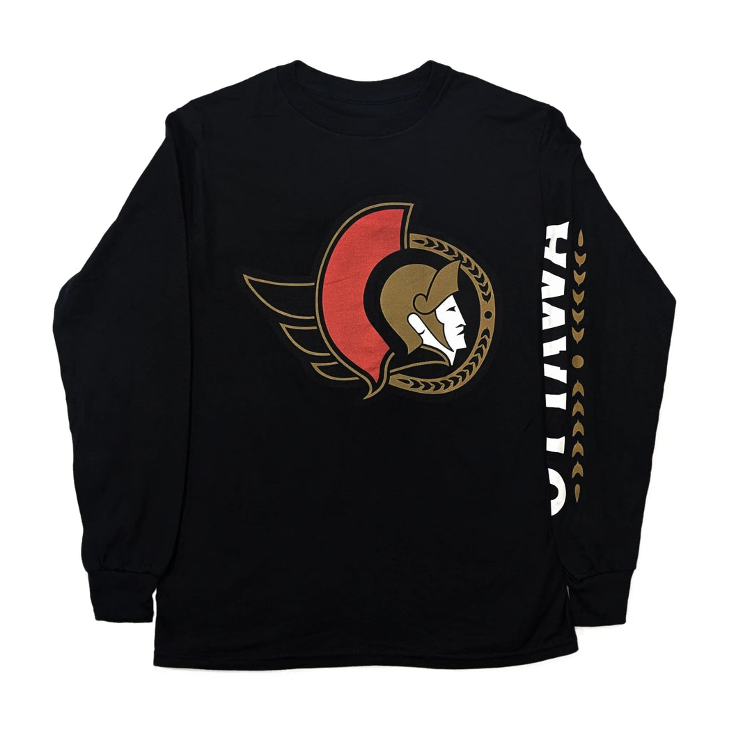 Black long-sleeve shirt with a Ottawa Senators logo and Ottawa 3rd jersey wordmark on the left sleeve