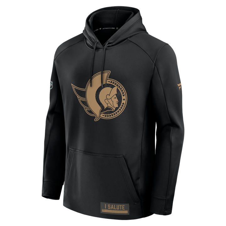 Ottawa Senators Black hoodie with gold logo and I Salute patch for CAF