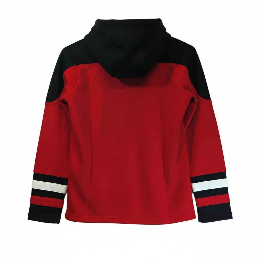 Red and black sweater with striped cuffs on a white background