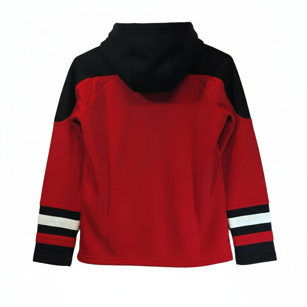 Red and black sweater with striped cuffs on a white background