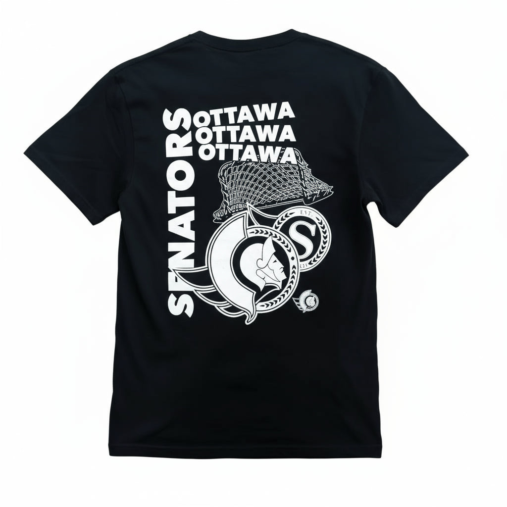 Black t-shirt with white graphics and text on a white background