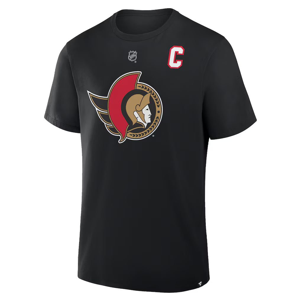 Black Brady Tkachuk t-shirt with a Ottawa Senators logo and Captain C printed on the front