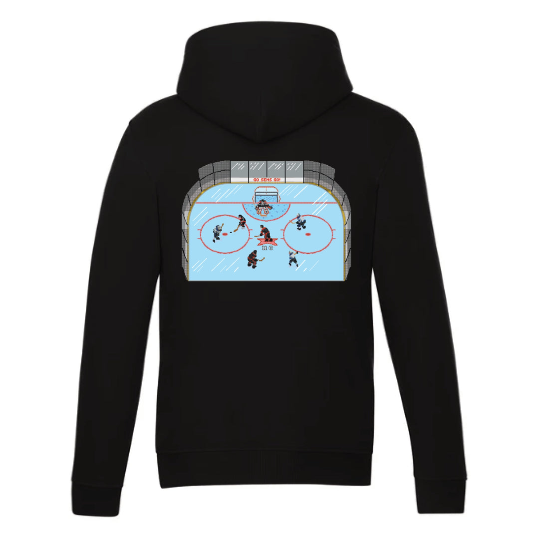Black hoodie with a Ottawa Senators 16 bit hockey game design printed on the back