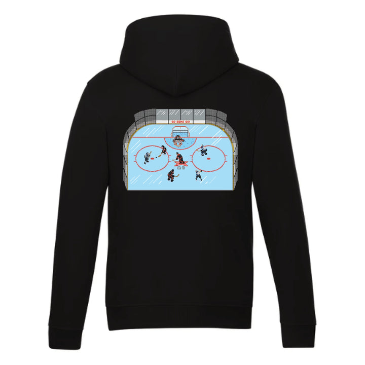 Black hoodie with a Ottawa Senators 16 bit hockey game design printed on the back